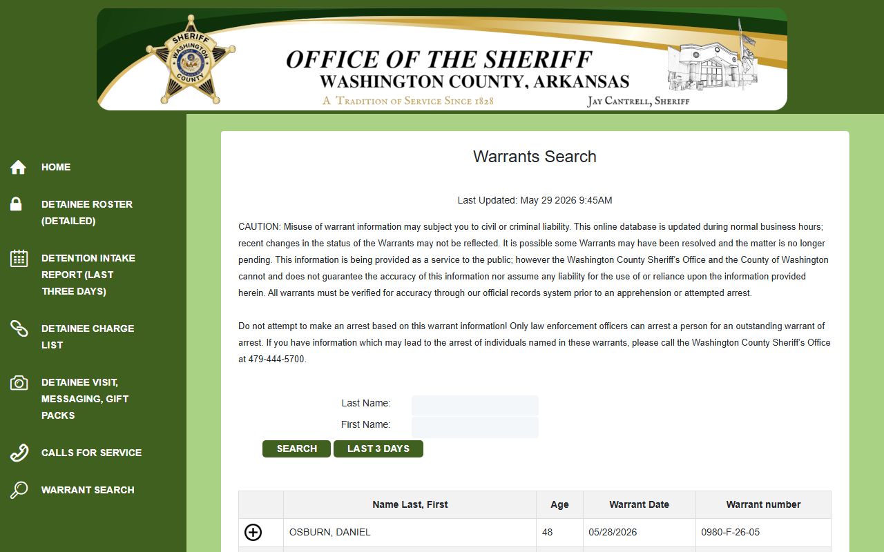 Washington County warrant photo and warrant search record fields